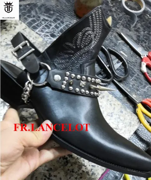 

Black Genuine Leather Ankle Buckles Schelsea Summer boots men riding boots low heel motorcycle boot men