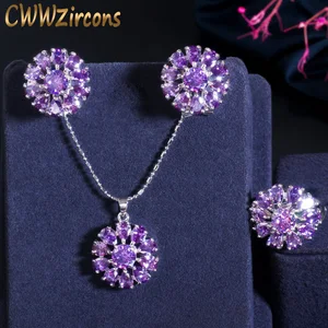 CWWZircons элегантный шикарный круглый Подсолнух Фиолетовый Аметист Кристалл топаз кулон ожерелье серьги кольцо вечерние ский вечерний ювелирный набор T268