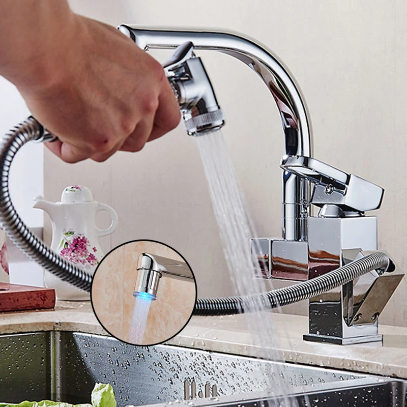 Saeuwtowy Черный кран для кухонной раковины выдвижной медный кран для горячей и холодной посудомоечной машины вращающийся на 360 кран для раковины