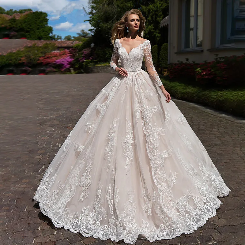 

Lace Vestido De Noiva Muslim Wedding Dresses Ball Gown V-neck Long Sleeves Tulle Appliques Boho Wedding Gown Bridal Dresses