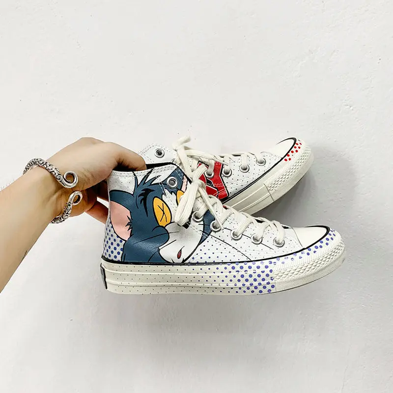 Высокие женские парусиновые туфли с изображением кошки и мыши Вулканизированная
