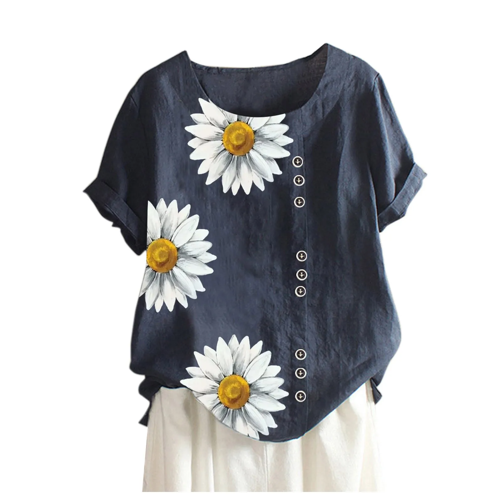 

Plus Size Fashion Women's Shirt Short Sleeves Daisy Printing Shirt Blouse Button Female Tops Blusas Shirt Elegant Blouse Tops