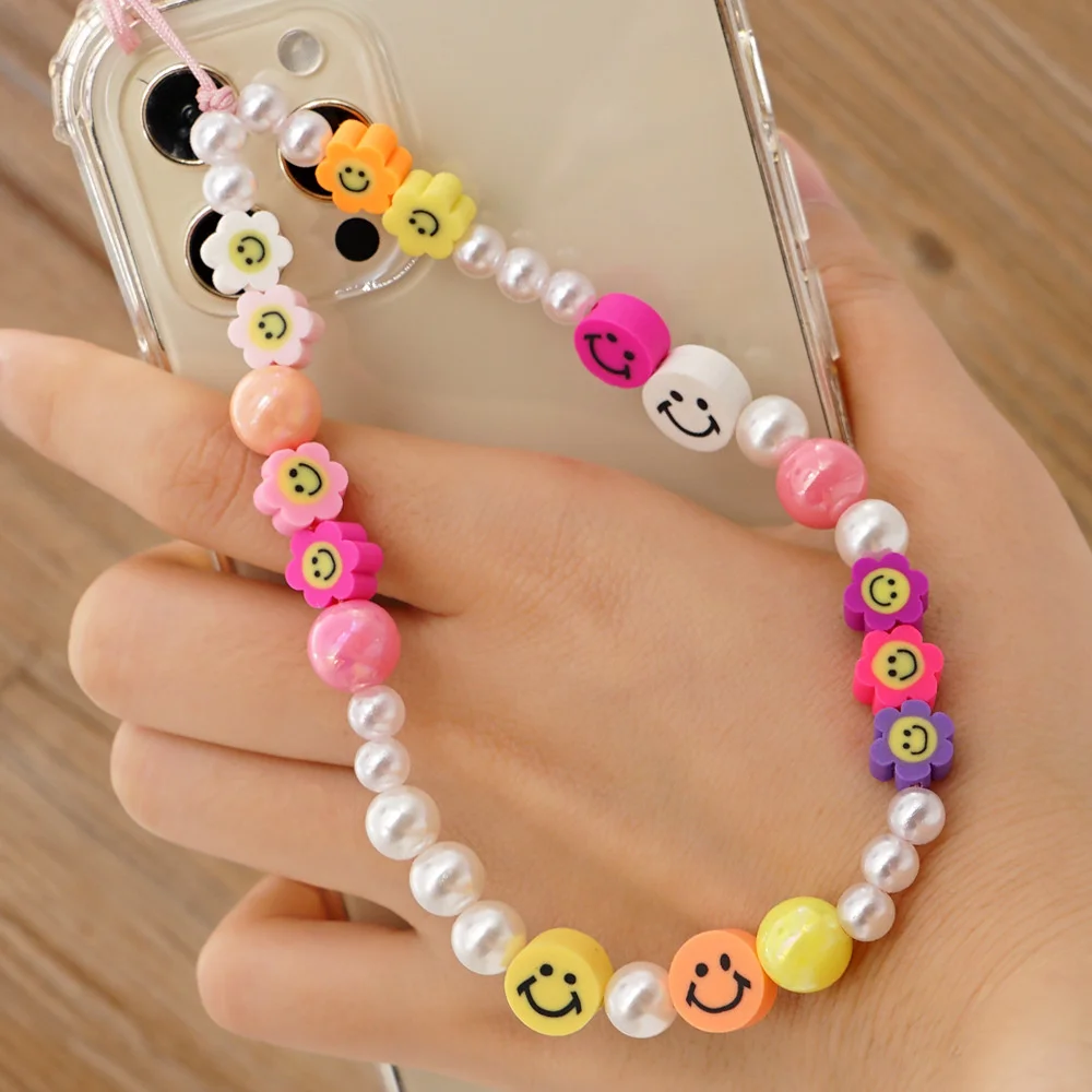 

Cute Heart Mobile Phone Lanyard Smiley Phone Chains Colored Bead Straps Star Charm Heart Letter LOVE Chain String Holder
