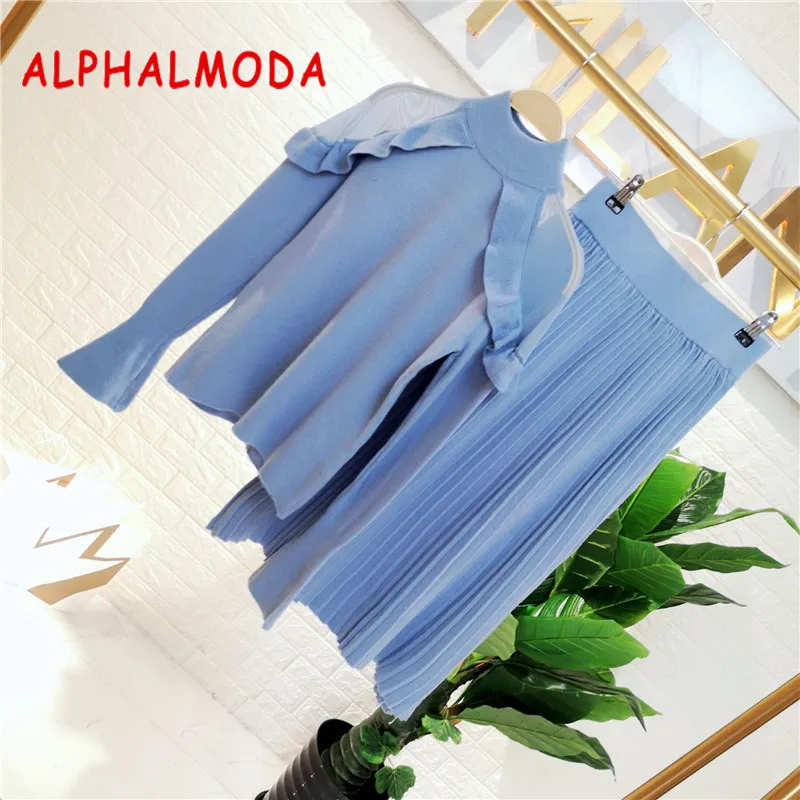 Женский вязаный костюм ALPHALMODA блестящий свитер + юбка комплект из 2 предметов