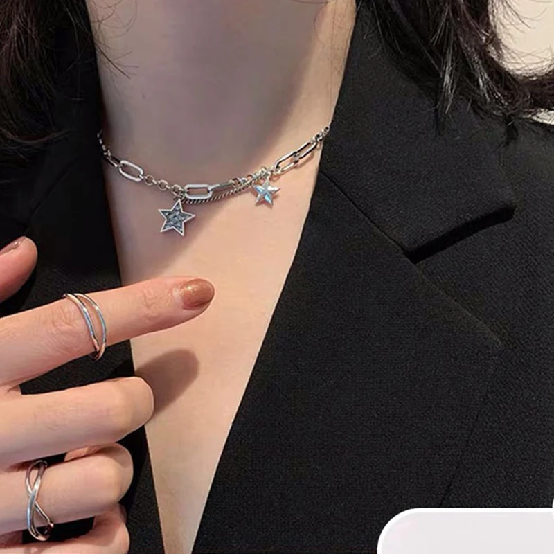 

2020 Harajuku Fashion Crystal Stars Pendant Necklaces Punk Silver Color Vintage Trendy Chokers For Women Necklaces bijoux kolye