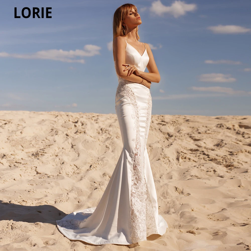 

LORIE 2020 Bohomia Wedding Dresses Mermaid Lace Appliques Bridal Gowns V-Neck Spaghetti Straps Country Princess Party Dresses