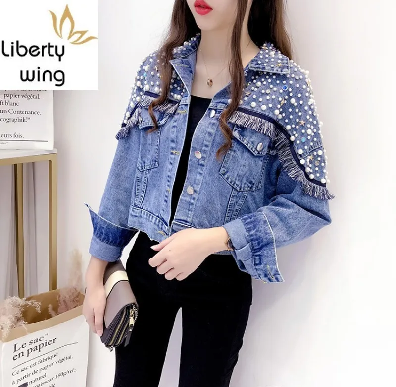 High Street Embroidered Flares Tassel Womens Shorts Coats Fashion Casual Long Sleeve Single Breasted Lapel Female Denim Jackets