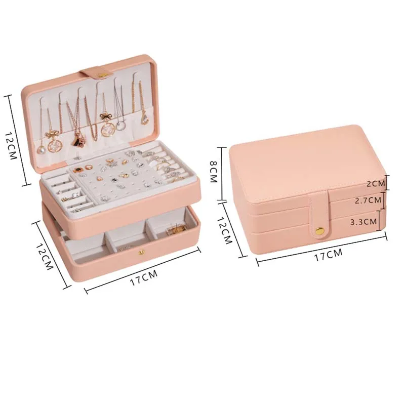 

Newly Double Layer Jewelry Box Green Practical Earrings Necklaces Display High Quality PU Leather Jewelry Organizer For Women