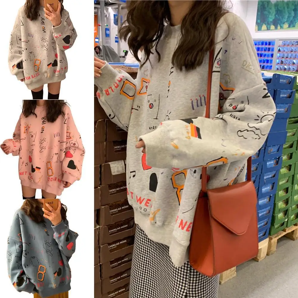 

Women O Neck Print Long Sleeve Loose Sweatshirt Autumn Winter Oversized Hoodie
