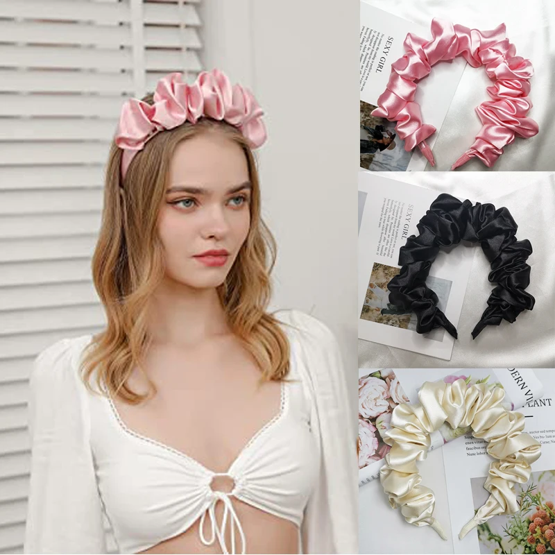 

Fashion Solid Color Simulation Slik Pleated Hairband for Women Scrunchies Headband Retro Hair Hoops Female Hair Accessories