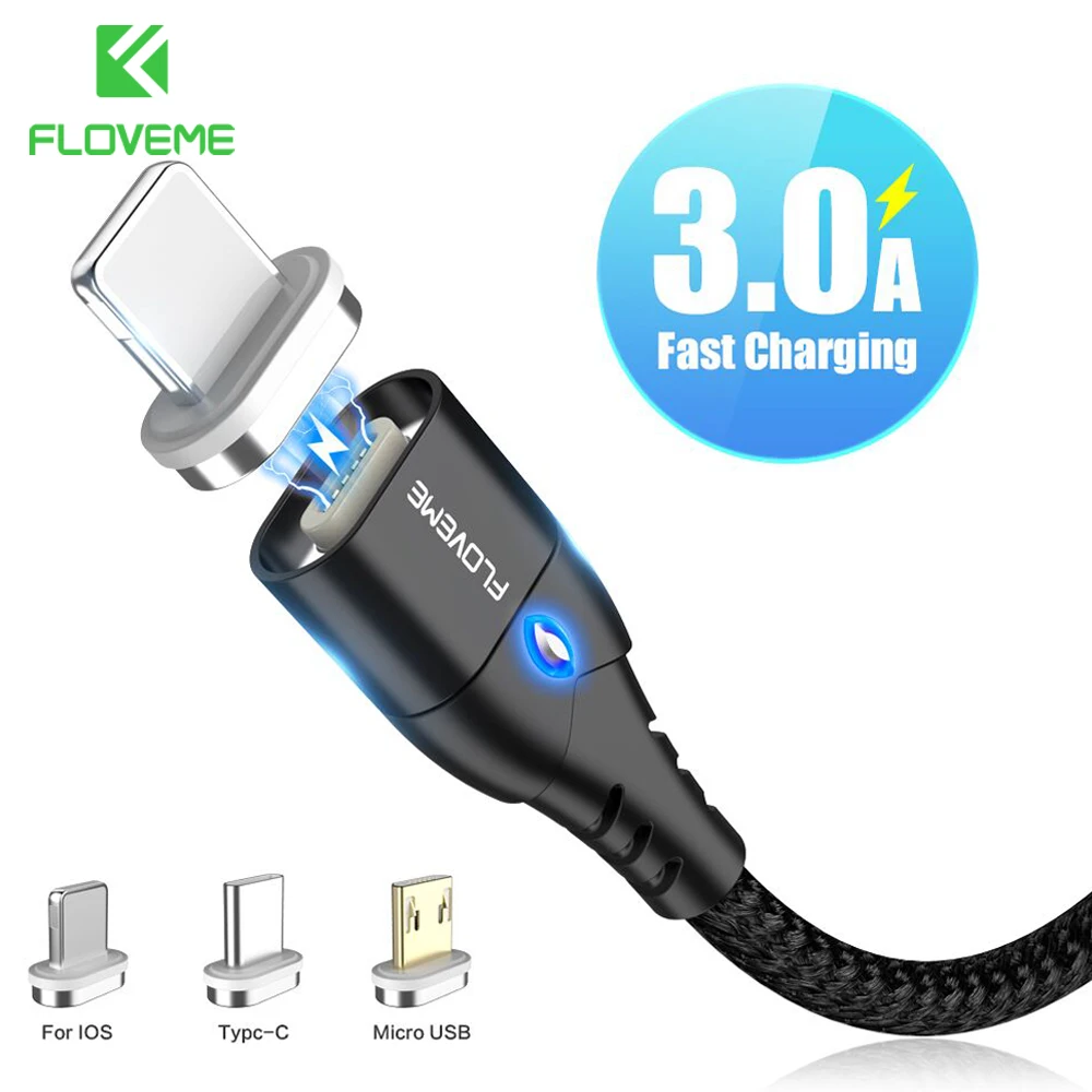 Кабель для зарядки FLOVEME магнитный Micro USB/ Type C/ Lightning 3A 1м/ 2м черный/ красный/