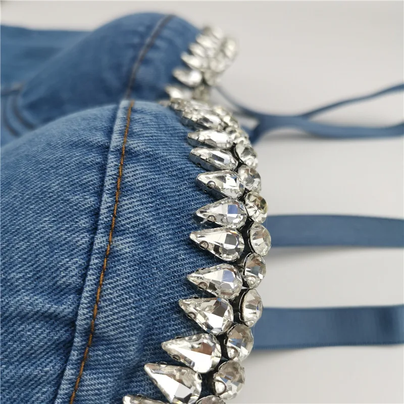

Sexy Girl Party Street Wear Beautiful Rhinestone Denim Corset Top Lady Fashion Style Sexy Wear White Diamonds Beading Denim Top
