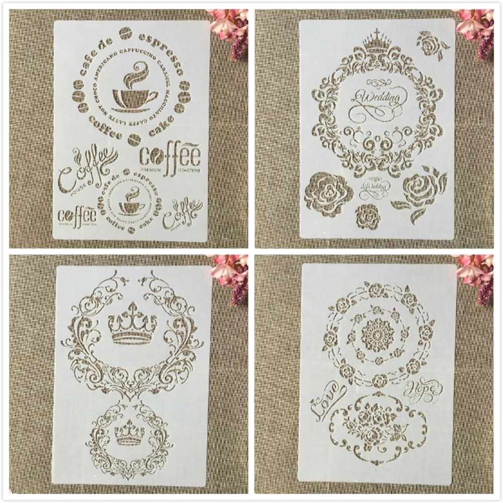 

4Pcs A4 29cm Vintage Coffee Crown Words DIY Layering Stencils Painting Scrapbook Coloring Embossing Album Decorative Template