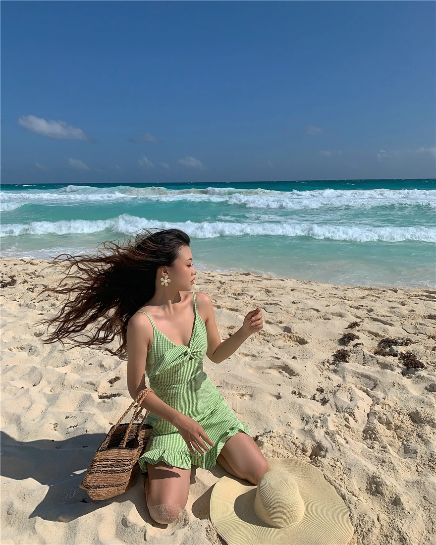 

Sweet Drop Dress 2021 New Summer Green Plaid Slim Lace Dress