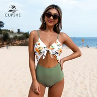 cupshe green and floral knotted one piece swimsuit sexy cut out padded women monokini 2021 girl beach bathing suit swimwear