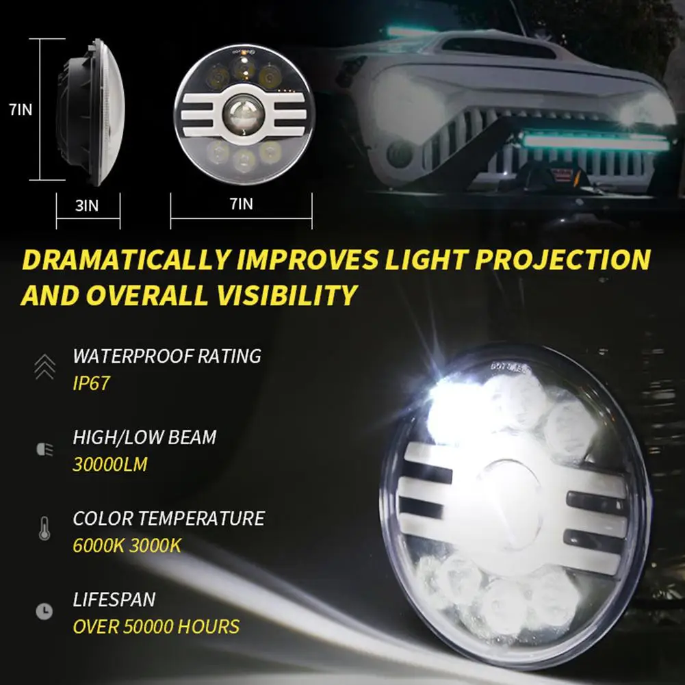 

500W 30000LM 7 inch LED Yellow White Halo Angel Eye Headlights For Jeep Wrangler Led Beam Headlamp H4/H13 Led Headlight