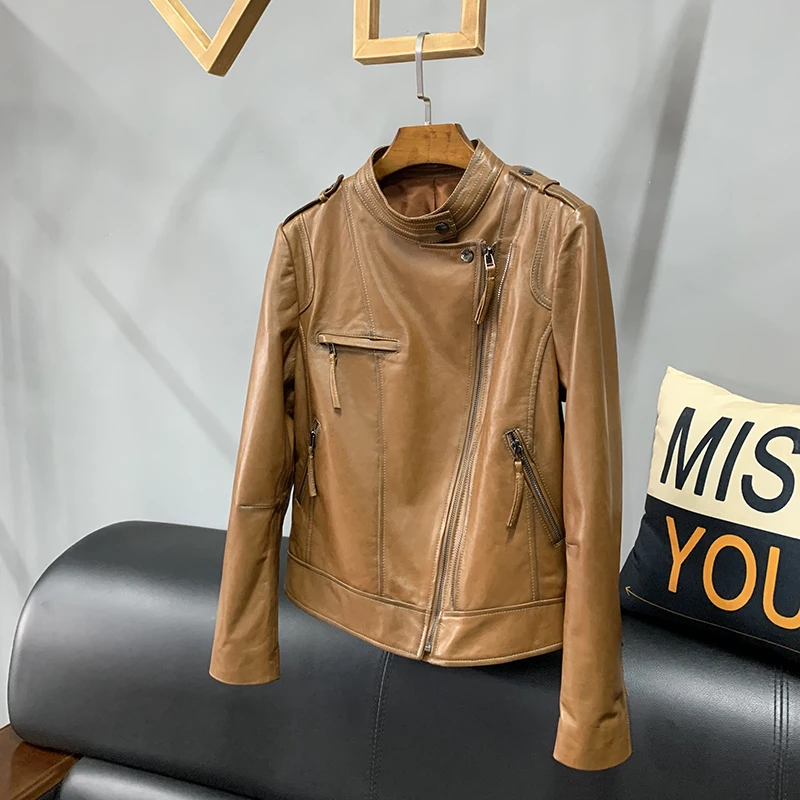 JAZZEVAR 2023 New High Fashion Street Women Real Sheep Skin Leather Jacket Ginger color Genuine Leather short Motorcycle Jackets