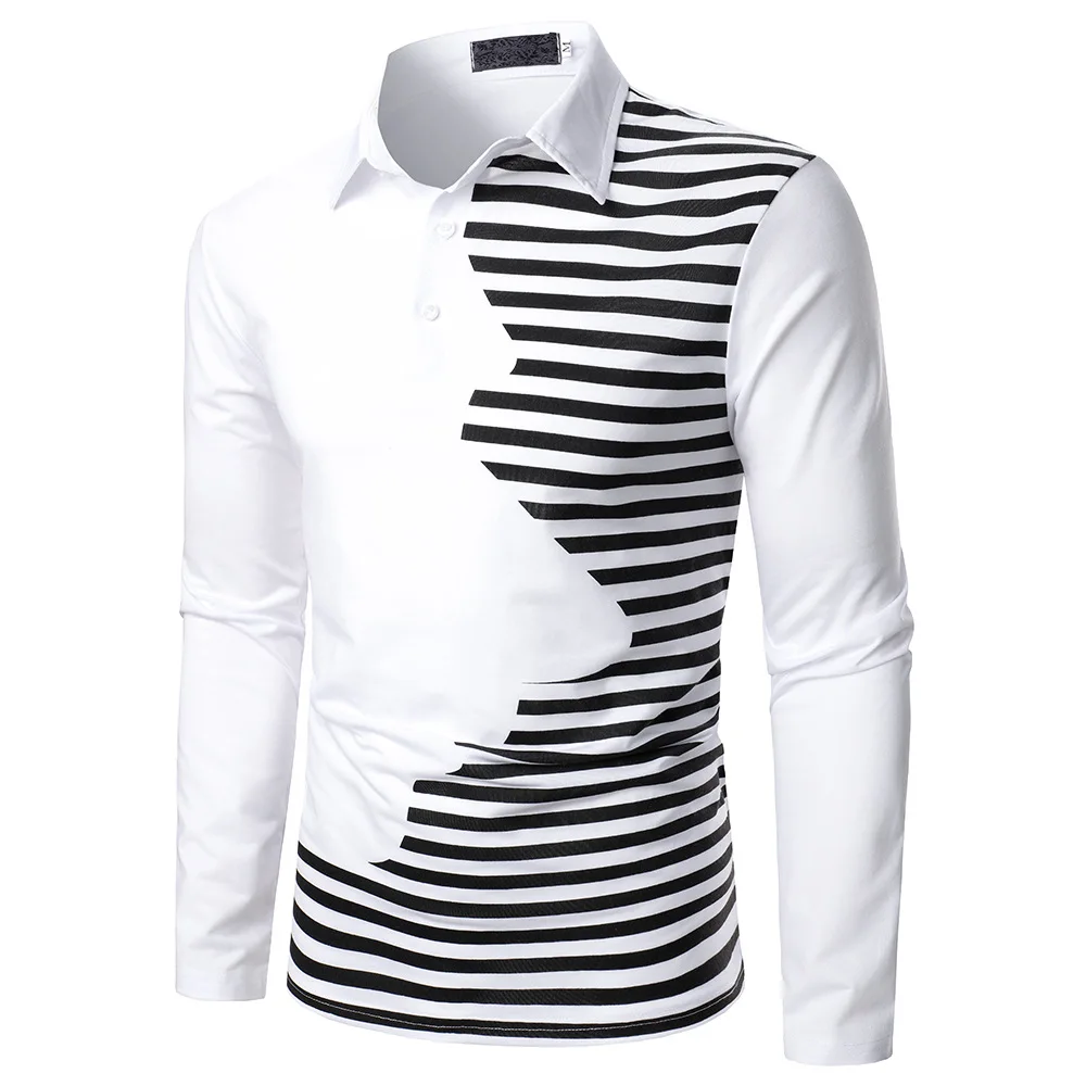 

LUCLESAM Men Black Strips Polo Shirt Casual Fashion Stitching Stripes Lapel Long Sleeve Golf Polo Shirts camisa masculina