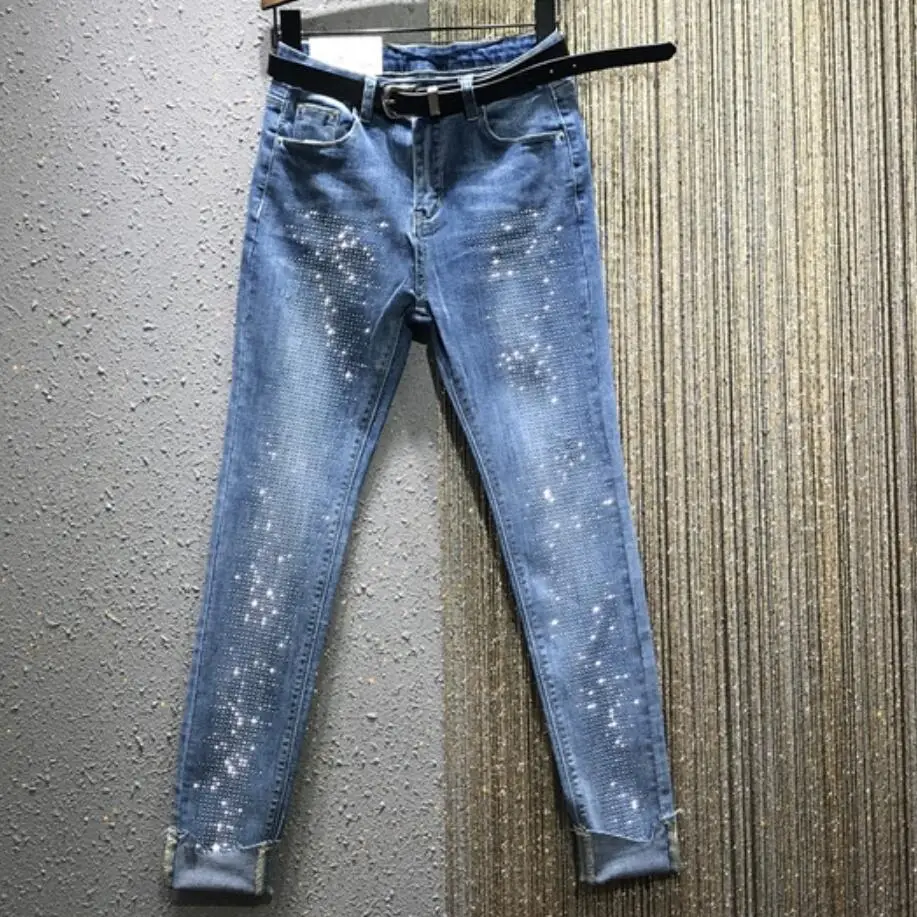 Новинка Весна 2020 модные женские джинсы Стразы с высокой талией прямые эластичные