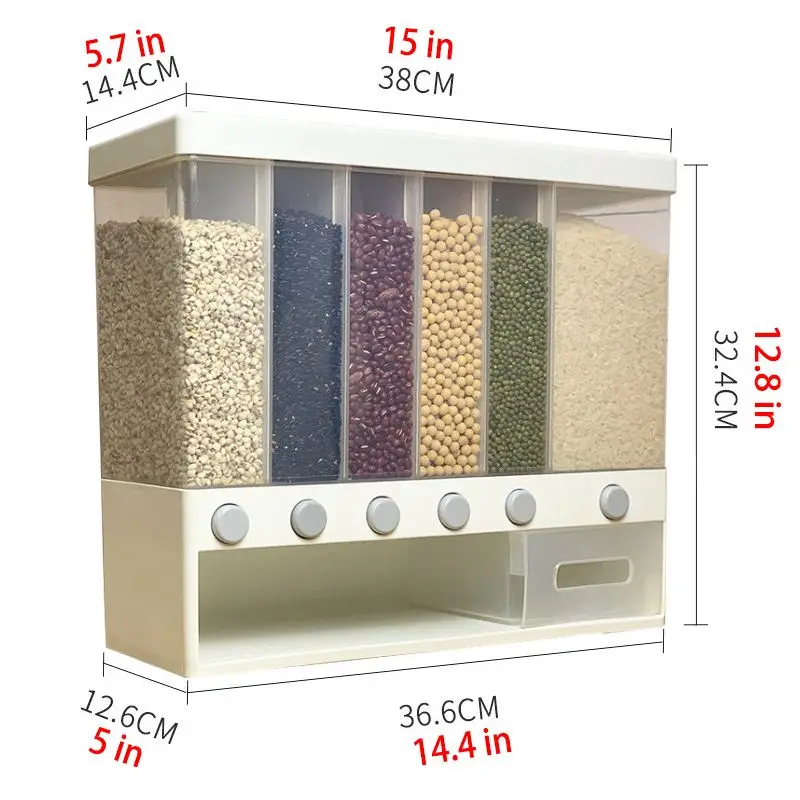 

6in1 Food Storage Food Dispenser Rice Bucket Kitchen Food Storage Box Plastic Large Capacity Wall-Mounted Sealed Container