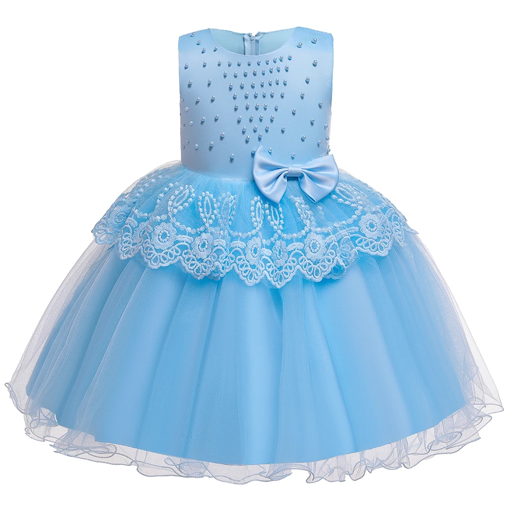 Light Blue Детское рождественское представление, платье с цветочным узором для девочек, свадебное платье для дня рождения, платье принцессы с большим бантом, кружевное платье-пачка - Цвет: Light Blue