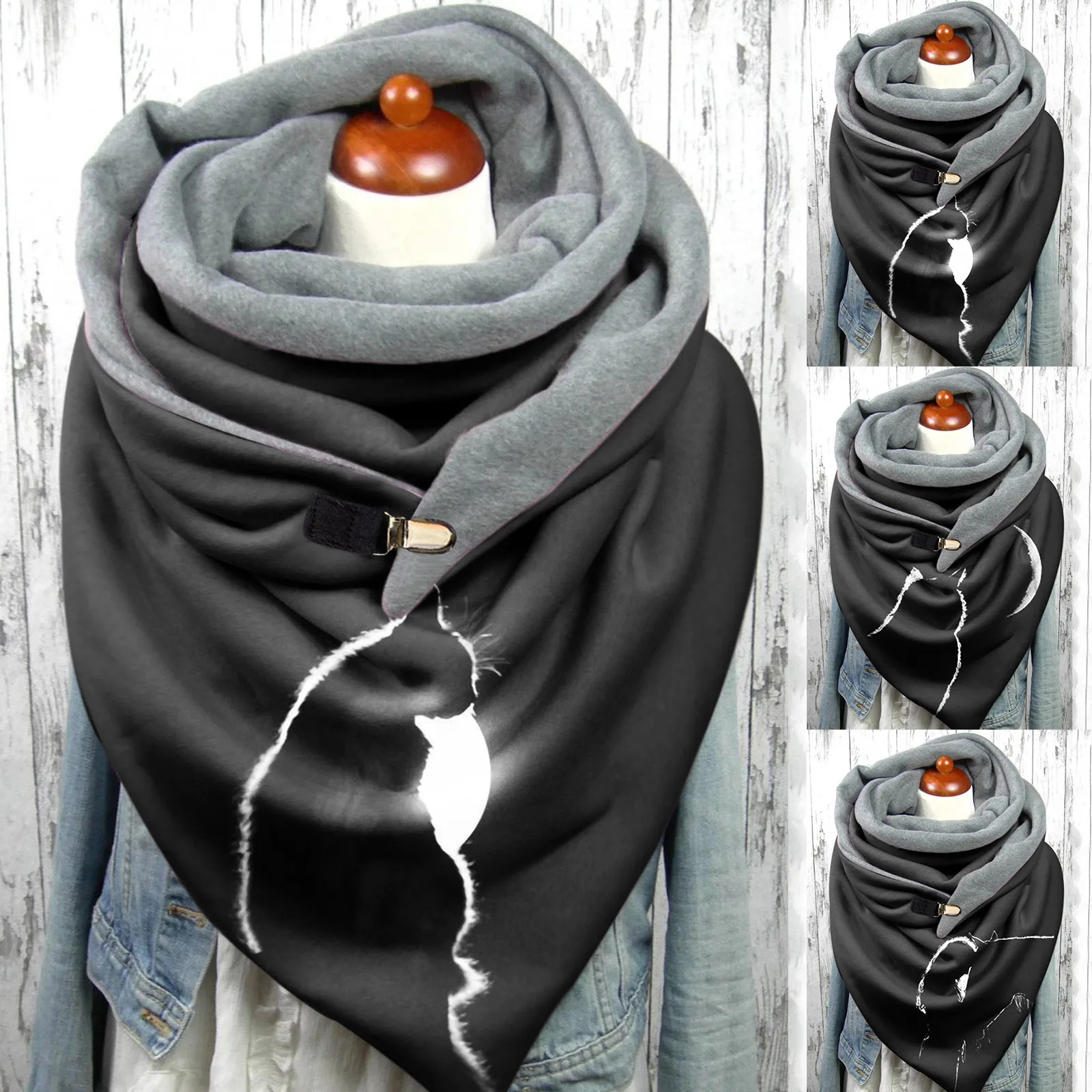 

Winter Women Scarf Wrap Warm Scarves Women Cat Printing Scarf Retro Female Multi-purpose Shawl Scarf Button Wrap Shawls Bufanda