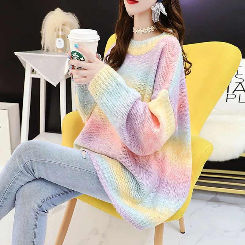 Милый женский свитер JMPRS пуловер Радужный японский вязаный джемпер свободный