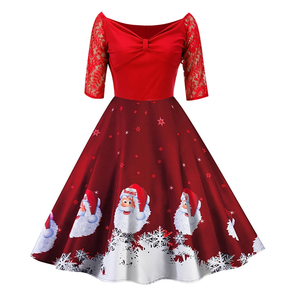 2019 модное рождественское женское платье с кружевным рукавом и бантом