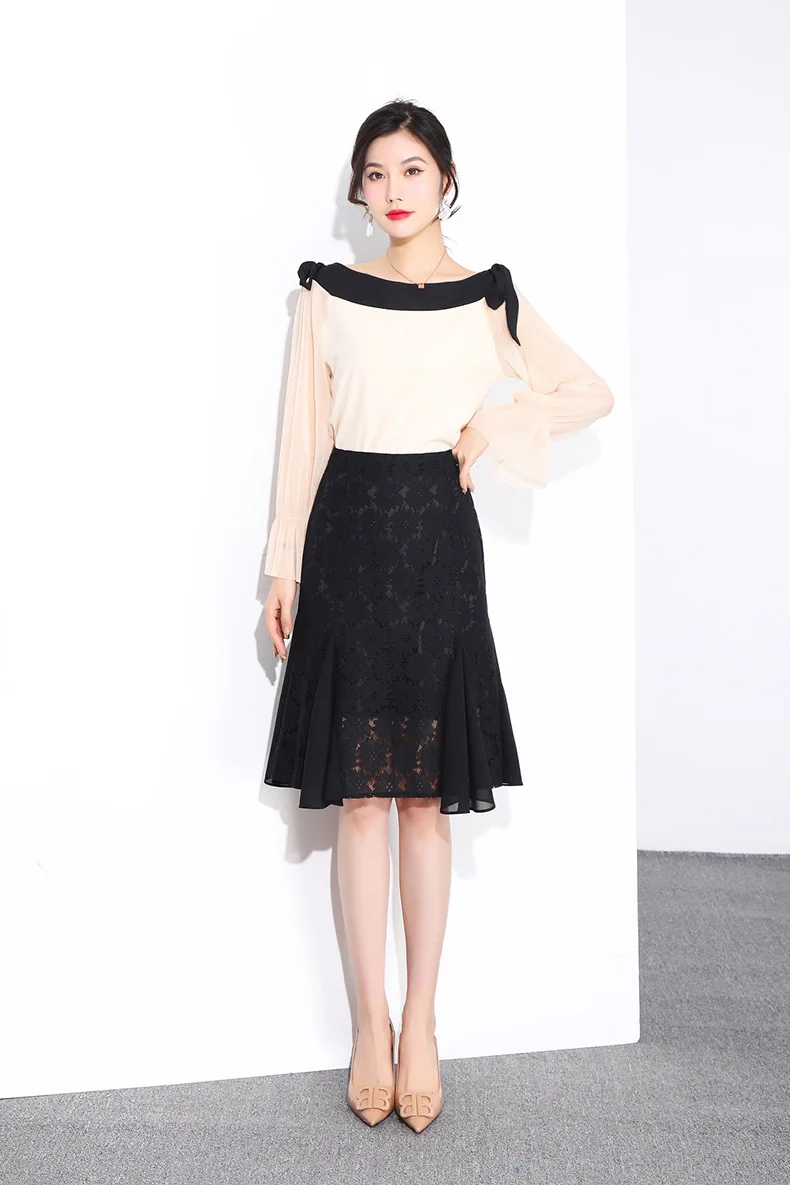 

Women Fashion Black Lace Fishtail Skirt High Waist Casual Splice Ruffles Knee-Length Bodycon Skirts Office Work Plus Size 2812