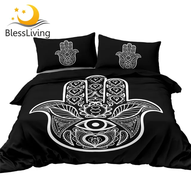 BlessLiving Zen Hand Duvet Cover Set Ornamental Tribal Bed Cover Mandala Hamsa Bedding Set Black Boho Bedspreads 3pcs Drop Ship 1