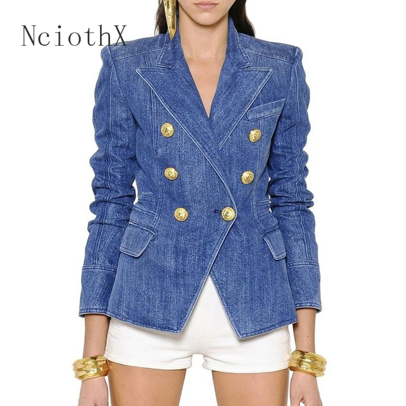 

High Quelity New Fashion Designer Blazer Jacket Women's Metal Lion Buttons Double Breasted Denim Blazer Outer Coat New