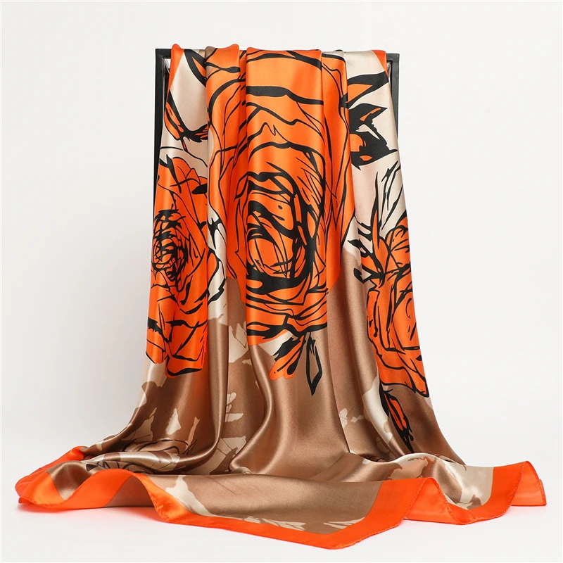 

2022 Brand Silk Satin Hair Scarf Women Print Rose Square Scarves Hijab Female Headband Kerchief Bandana Soft Shawl Wrap Foulard