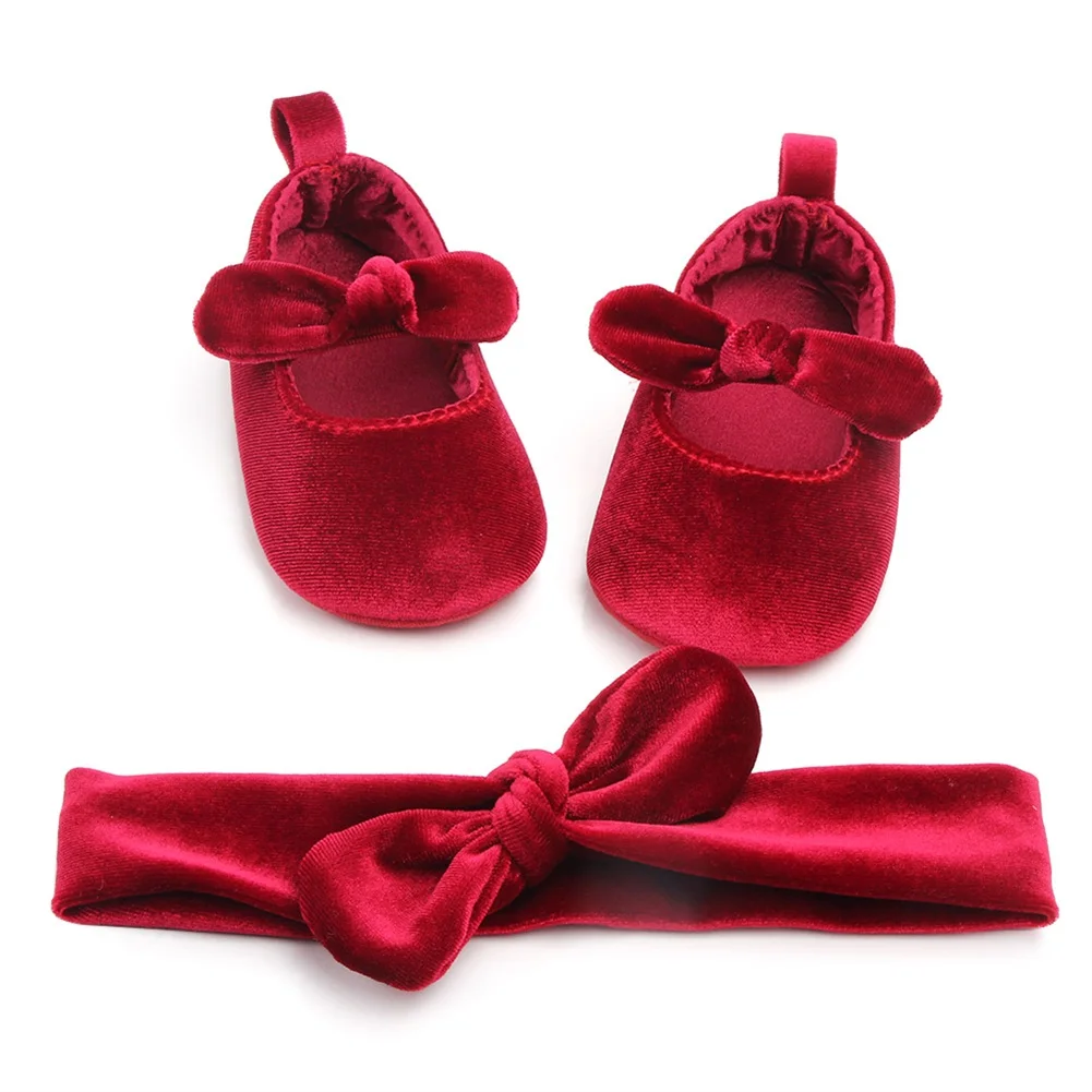 

Newborn Infant Baby Girls Christmas Princess Shoes Headband Sets Velvet Red Xmas Baby Shoes Bow First Walkers 0-18M