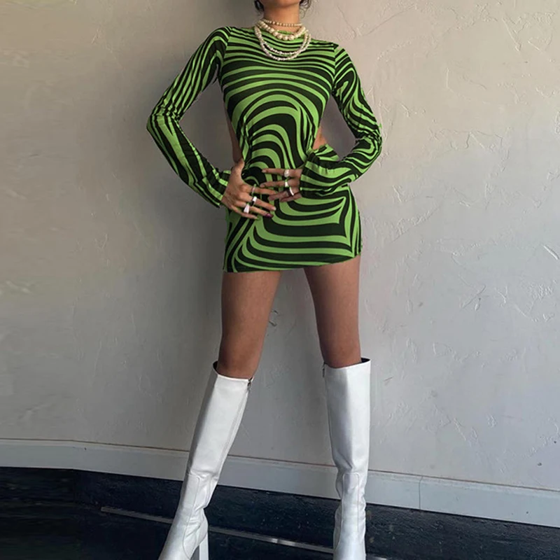 

Горячая новинка 2021, стильное сексуальное облегающее короткое платье BKLD с принтом зебры и открытой спиной, осеннее платье с длинным рукавом ...