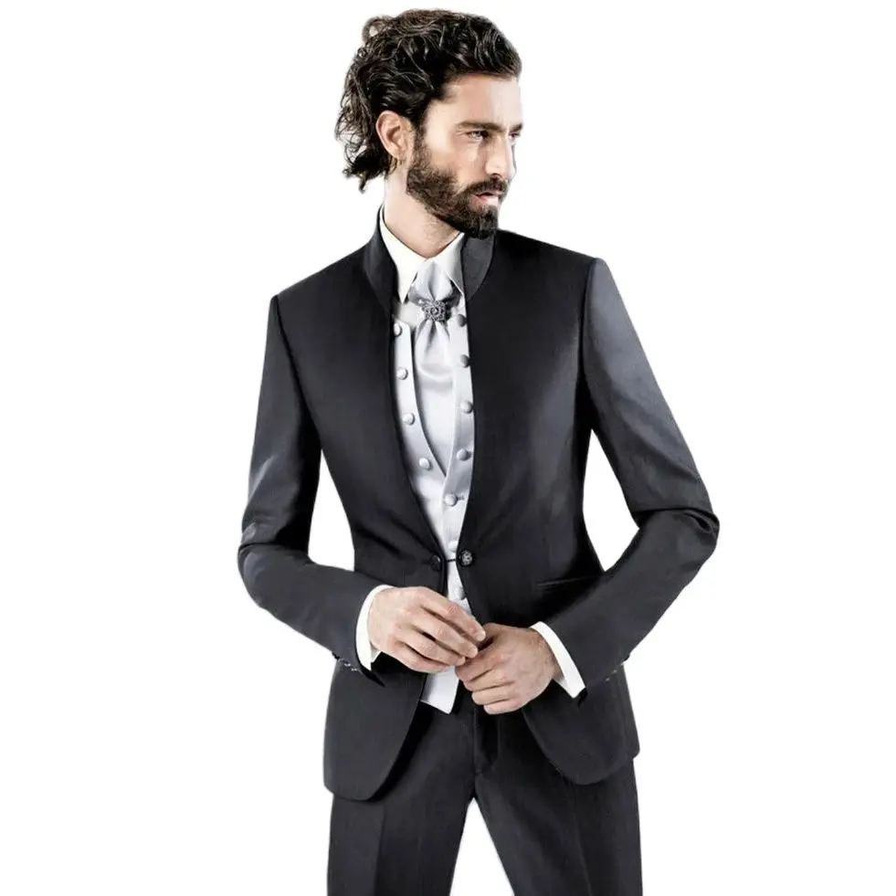 

Черный блейзер с воротником-стойкой и V-образным вырезом, с одной пуговицей и белым жилетом, 3 предмета, смокинг для вечеринки, для жениха, сва...