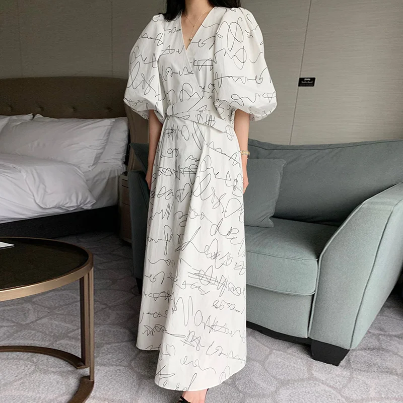 Платье фонарик с V образным вырезом средней длины|Женские платья| |