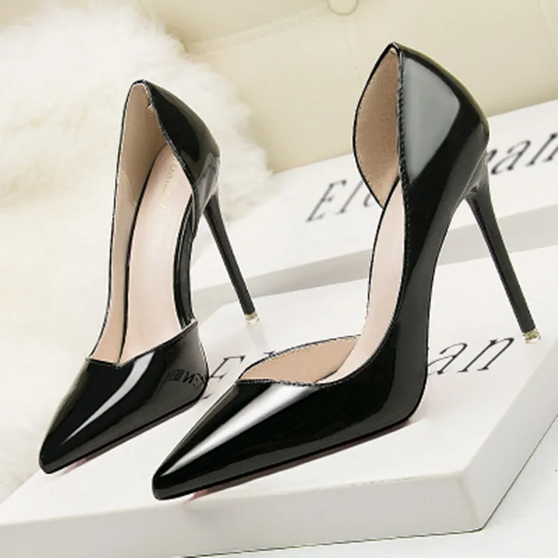 

fashion Concise Solid Patent Leather Shallow Women Pumps Sexy Cut-outs Pointed Toe High Heels 10cm Shoes