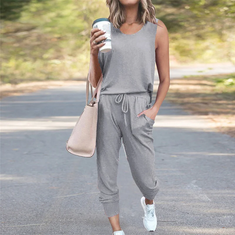 

Solid Tracksuit Women Two Piece Set Summer Clothes O-Neck Sleeveless Top And Pants Suit Casual Sports Female Suits Jogging Femme