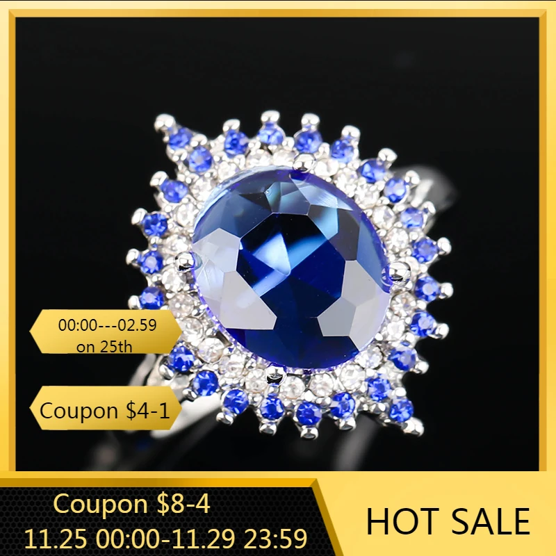 

Fashion Oval Blue Zircon Rings For Women Flower Plated Micro Paved Rhinestone Ring Wedding Party Jewelry Wholesale K146