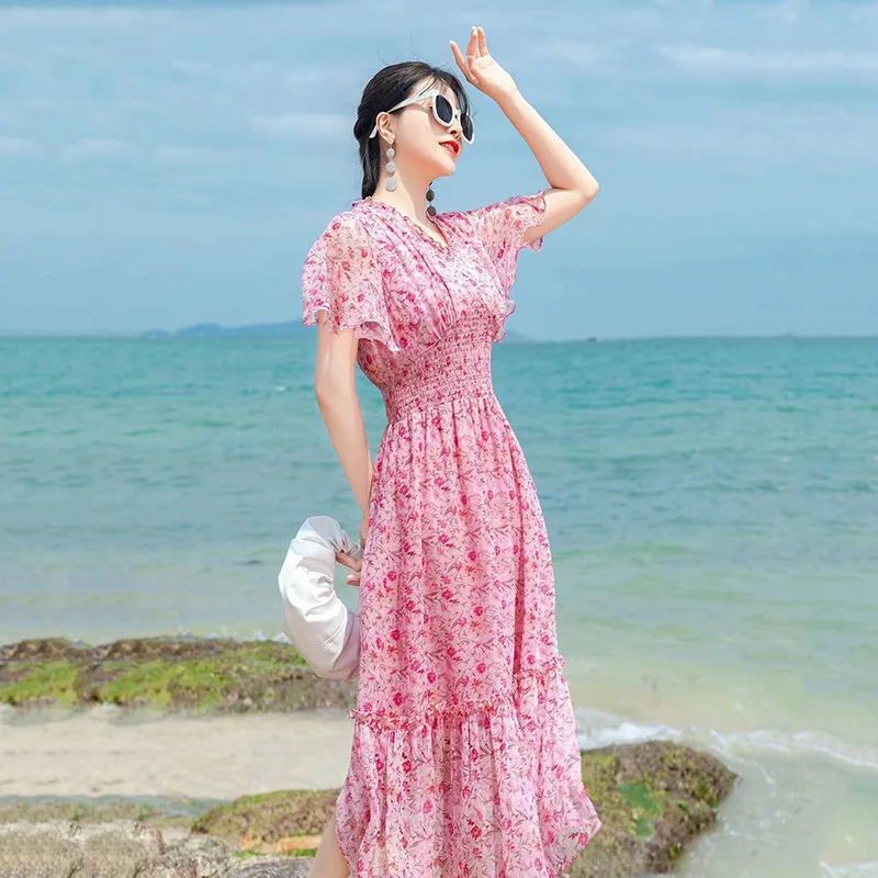 

Floral silk dress 2021 summer V-neck, sweet wind, flying sleeves, skinny, pink long skirt, big skirt