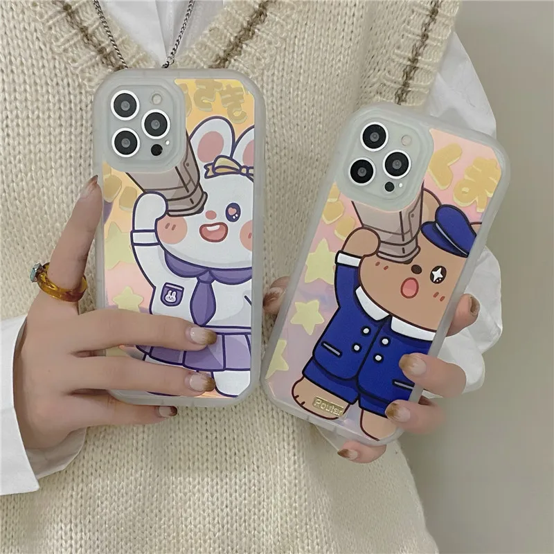

Laser Cartoon Bear Rabbit Phone Case For iPhone 11 Pro Max 12 13 XR X XS MAX 7 8 Plus Soft tpu Silicone Back Cover Coque