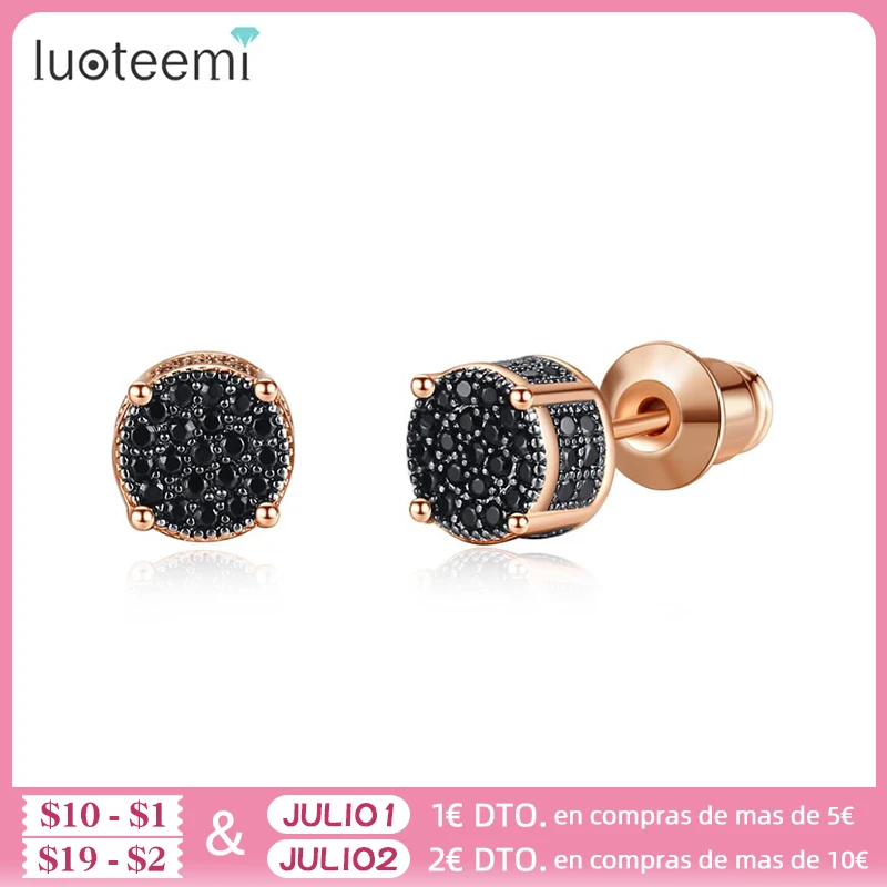 LUOTEEMI блестящий черный/шпильками с белым кубическим цирконием круглые серьги