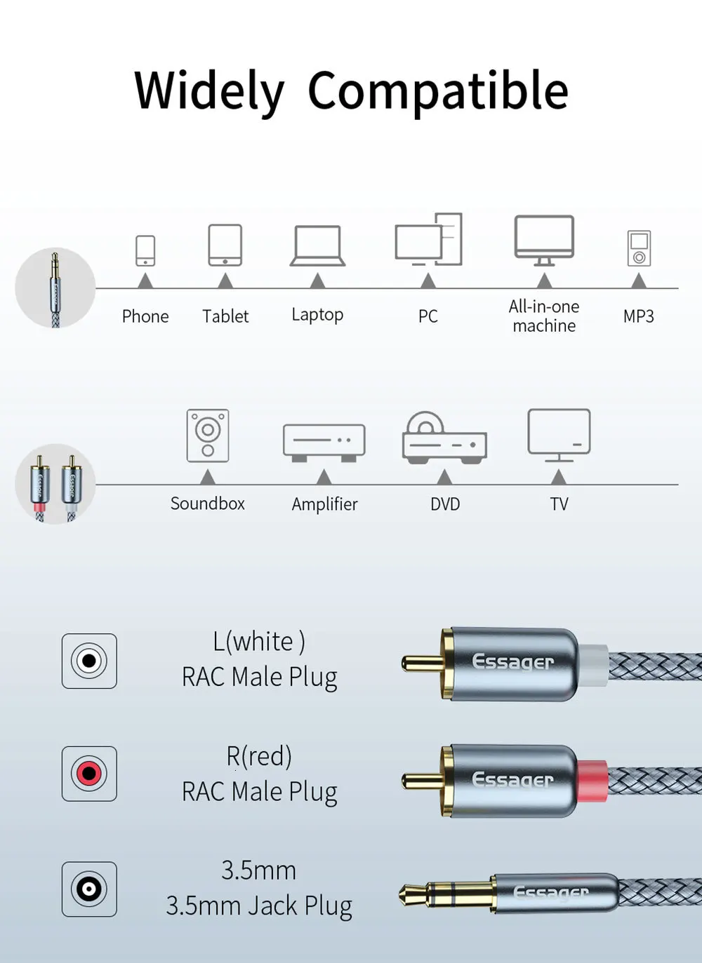 Кабель Essager RCA 3 5 мм Jack/2 Aux Переходник на 2 разветвитель аудиокабель для