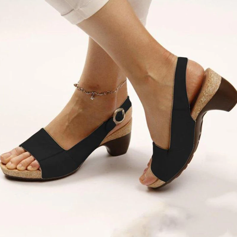 

Women's Gladiator Sandals Buckle Strap Chunky Heels Peep Toe Woman Lady Sandalias PU Shoes Casual Female Plus Size 35-43 Summer