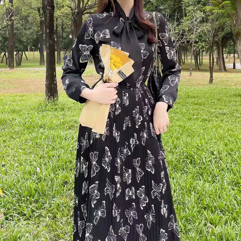 

2021 Spring New Style Bowknot Bohemian Vintage Print Single-Breasted Long Sleeve Slim Temperament Pleated Mid-Length Dress