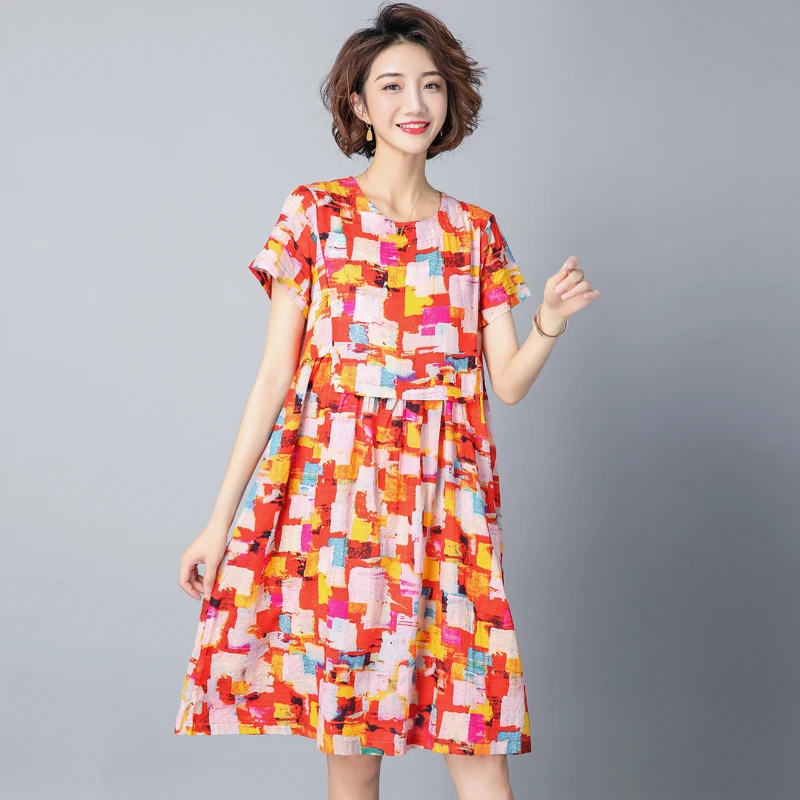 

New Summer Fashion Short Sleeve Maternity Clothing Printed Dress Loose Cotton Linen Pregnancy Dress Floral Dresses Plus Size