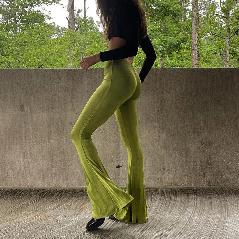 

Casual Solid Flare Pants Vintage Flocking Pants High Waisted Trouser Harajuku Korean Fashion Pants Women 2021 Pantalones