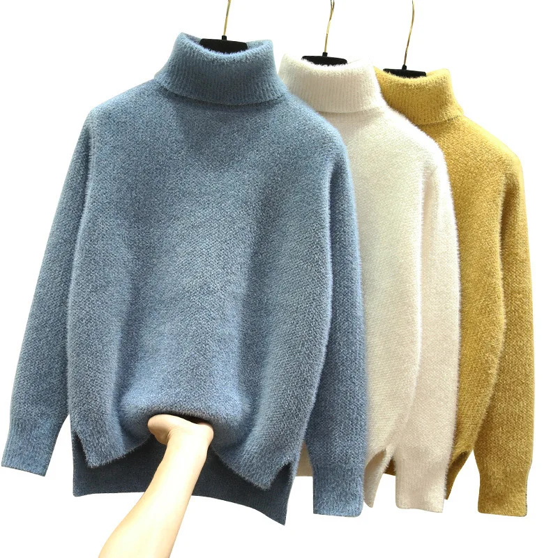

Knitted Pullovers Women's Fall Winter Sweaters Faux Mink Cashmere Knit Turtleneck Pullovers Jumper Korean Lady Sweaters Knitwear