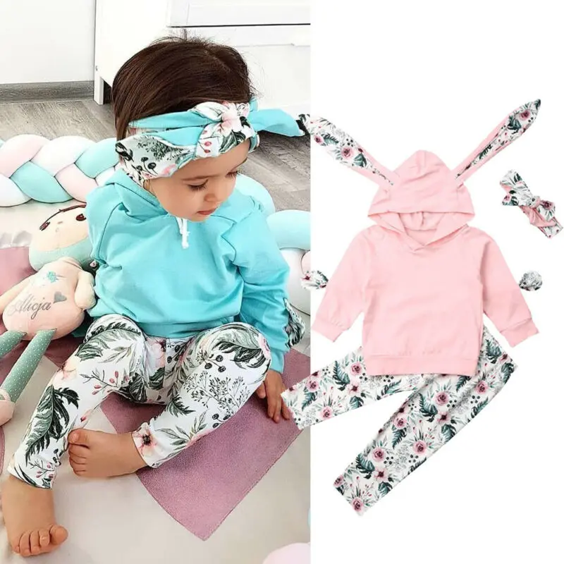 

Toddler Baby Kid Girl Infant Clothes Hooded Tops Sweatshirt Floral Pants Toddler Outfits Headband Cotton Set