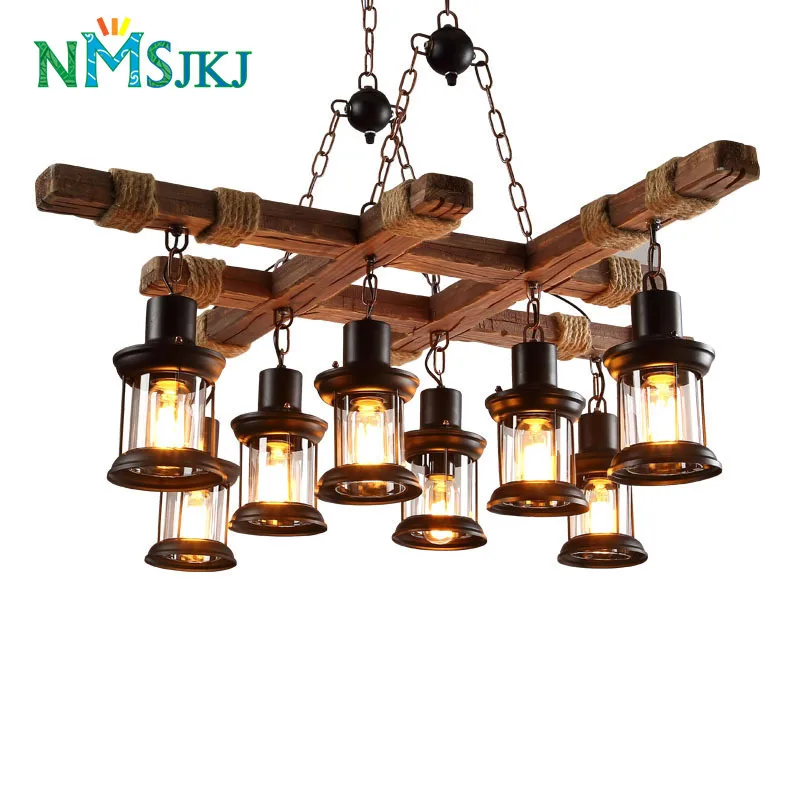 Промышленная антикварная деревянная 8 лампа ретро люстра для бара кафе Вилла